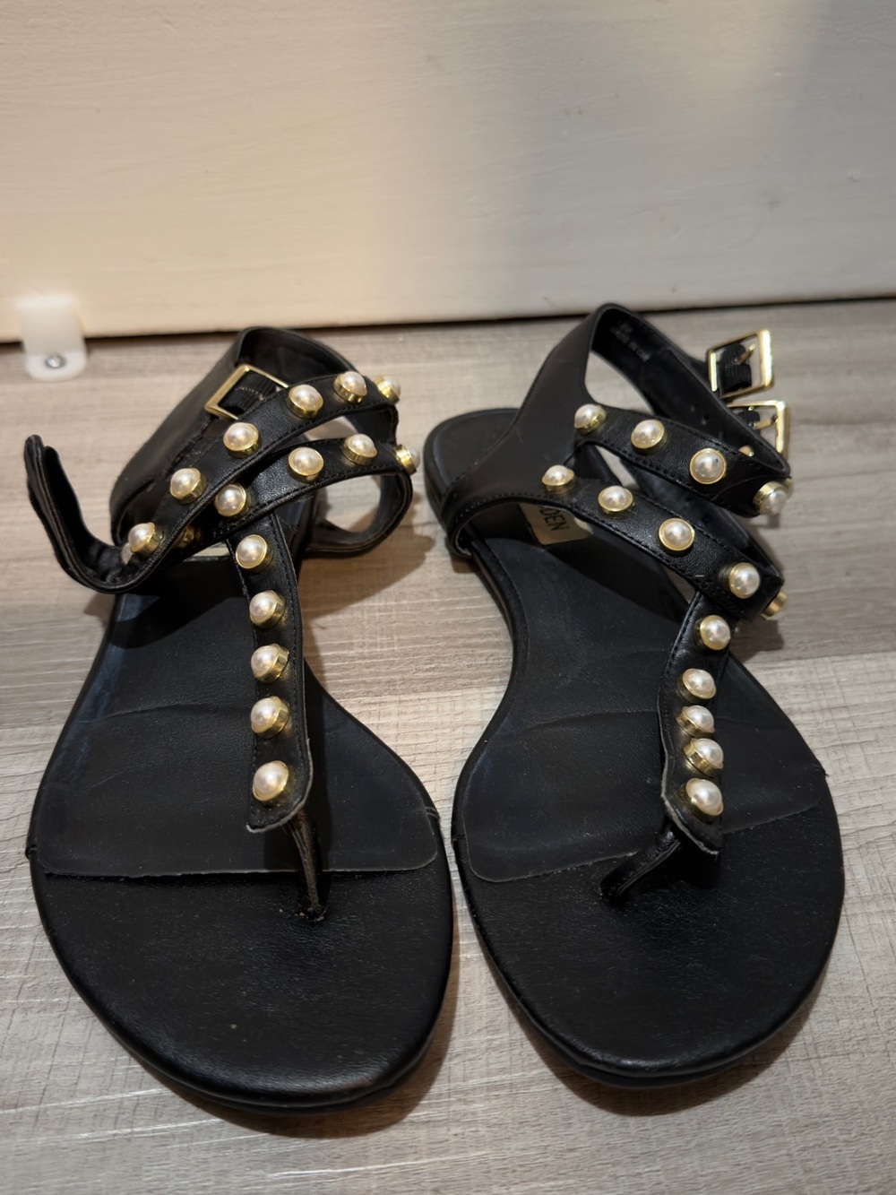 Steve Madden Black Pearl-Stud T-Strap Sandals